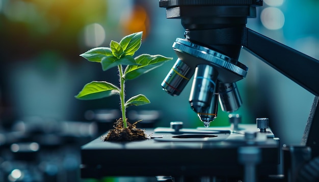 scientific microscope and plant growing in laboratory biotechnology concept