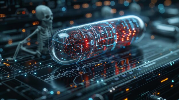 Photo in a scientific pharmaceutical theme this graphic of a medical technology interface shows an eye scan brain signal realistic transparent pill skeleton heart and abstract dna