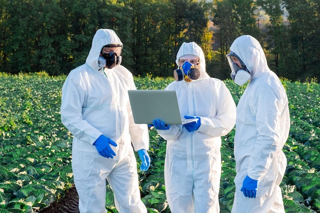 Scientist and Agronomists wearing a white protective equipment, chemical mask and glasses use