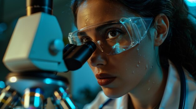 Scientist analyzing biochemical samples under microscope in modern medical research lab advanced scientific lab for medicine and microbiology development