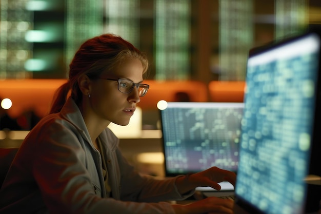 Photo a scientist analyzing data on a computer in a research lab generative ai