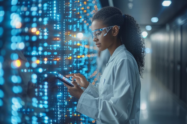 Photo scientist analyzing data on a digital screen with a smartphone in hand