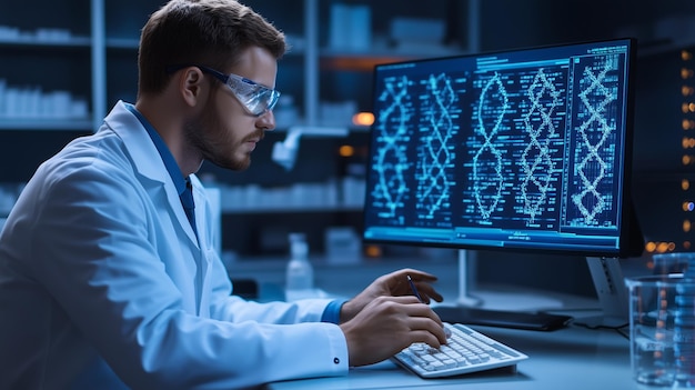 scientist analyzing genetic data in a laboratory during evening hours in a hightech research facility