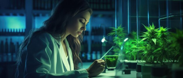 Scientist Analyzing and researching marijuana in laboratory cbd hemp oil pharmaceptical industry