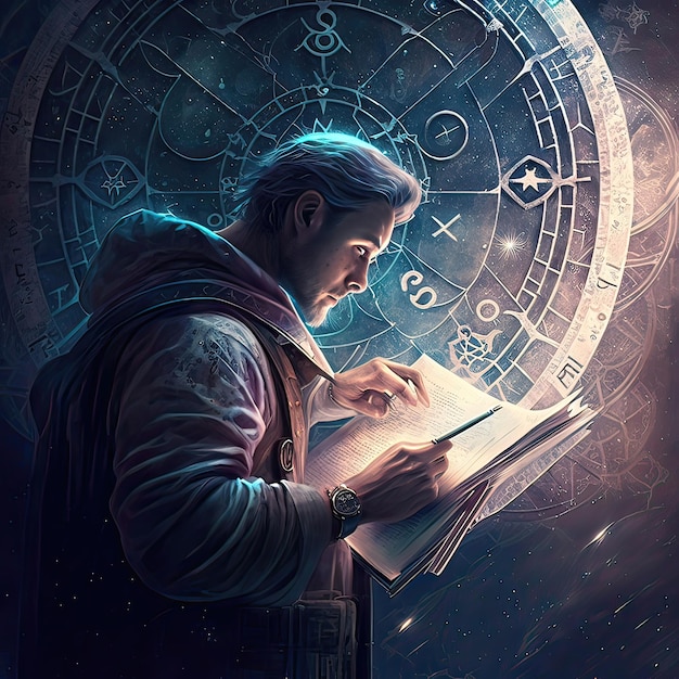 Scientist astrologer behind a book on the background of space Zodiac signs constellations future prediction planets nonexistent person high resolution art generative artificial intelligence