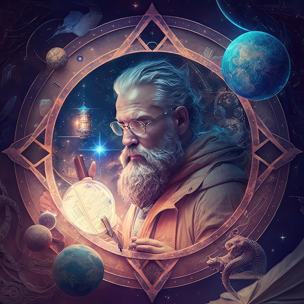 Scientist astrologer behind a book on the background of space Zodiac signs constellations future prediction planets nonexistent person high resolution art generative artificial intelligence