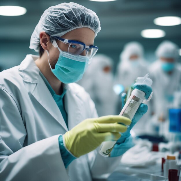 Photo scientist or chemist in coveralls holding vacutainer with biomaterial oek