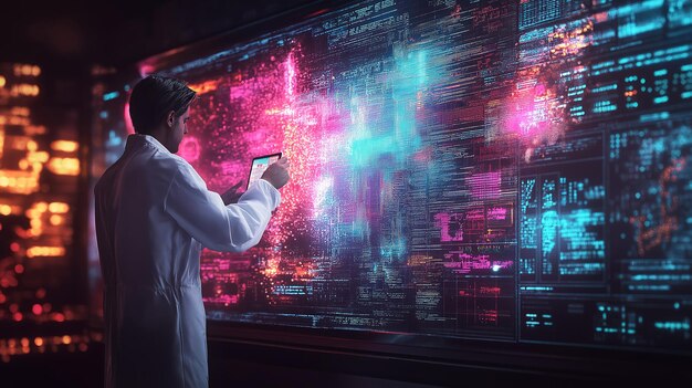 Ученый, вычисляющий и анализирующий сложные наборы данных на компьютере в области науки о данных