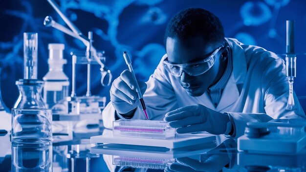 Photo scientist conducting the gel electrophoresis biological process as part of research