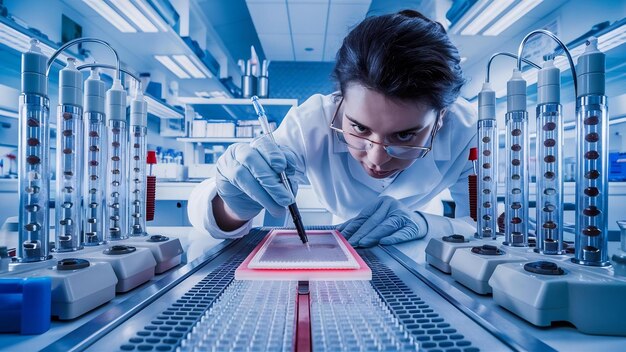 Photo scientist conducting the gel electrophoresis biological process as part of research