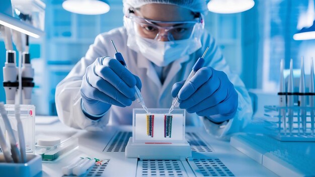 Photo scientist conducting the gel electrophoresis biological process as part of research