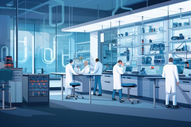 写真 先進的な科学機器と化学分析に囲まれた近代的な実験室で医学研究を行う科学者
