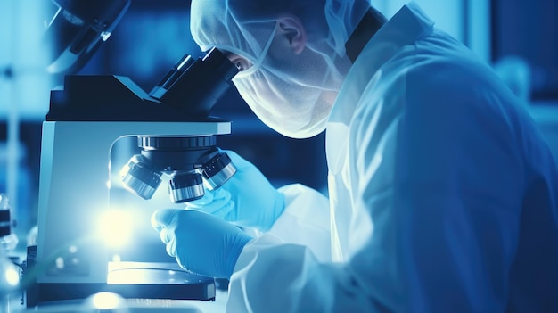 A scientist conducts a research under a microscope A chemical experiment The development of biotechnology