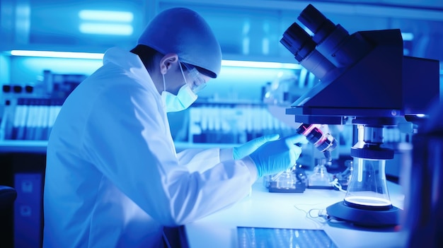 科学者が微鏡の下で研究を行う 化学実験 バイオテクノロジーの発展