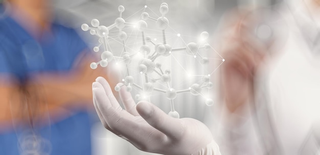 Scientist doctor hand holds virtual molecular structure in the lab as concept