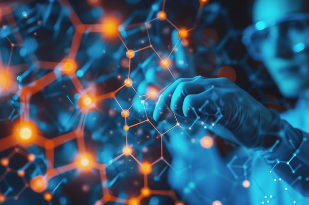 Scientist doctor hand touches virtual molecular structure in the lab AI Generated