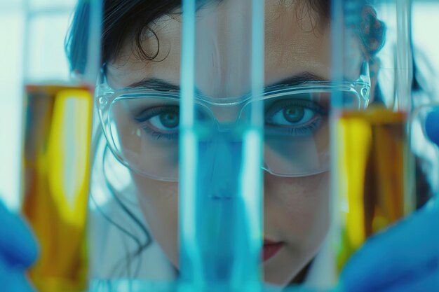 Photo scientist examines colorful test tubes in a lab