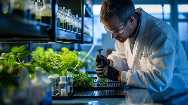 Photo scientist examines plant specimens in a greenhouse lab using precision tools under artificial lighting