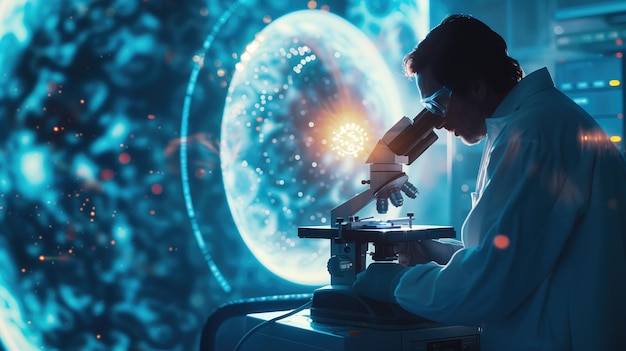 A scientist examines samples through a microscope in hightech laboratory with DNA double helix