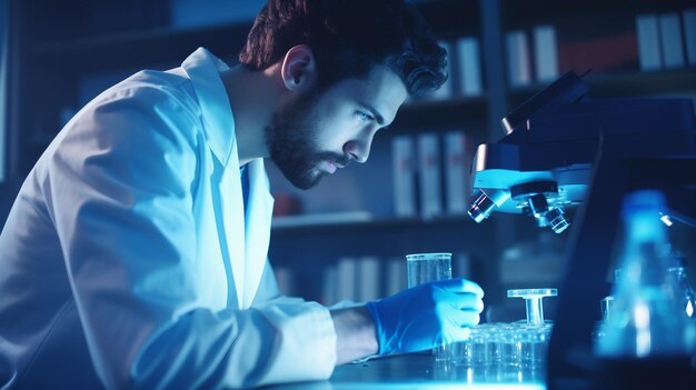 Ученый осматривает Бикла в лаборатории Всемирный день борьбы с раком