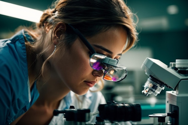 Scientist examining biochemistry discovery with microscope in laboratory