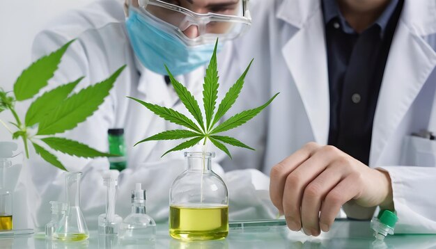 scientist examining a cannabis leaf in a laboratory