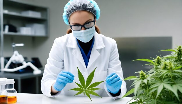 scientist examining a cannabis leaf in a laboratory