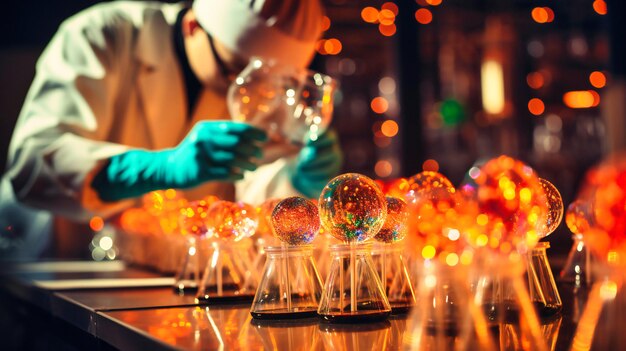 Scientist examining colorful glowing orbs in modern laboratory research experiment with precision and focus