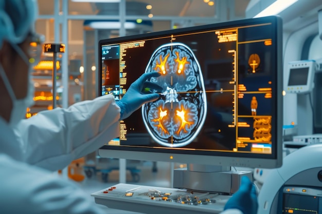 Scientist examining MRI brain scan on display device