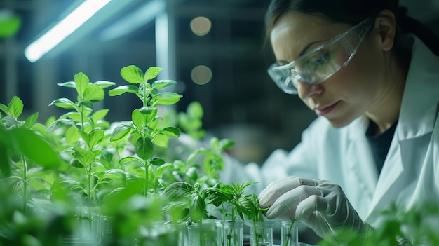 Scientist examining young plants in controlled laboratory environment