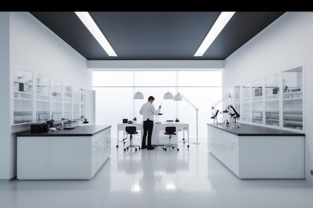 A scientist from behind working at a hitech lab minimalist interior