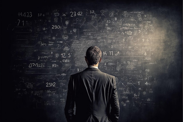 Scientist in front of a blackboard with equations and problem solvging solutions Generative Ai