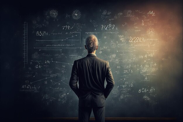 Scientist in front of a blackboard with equations and problem solvging solutions Generative Ai