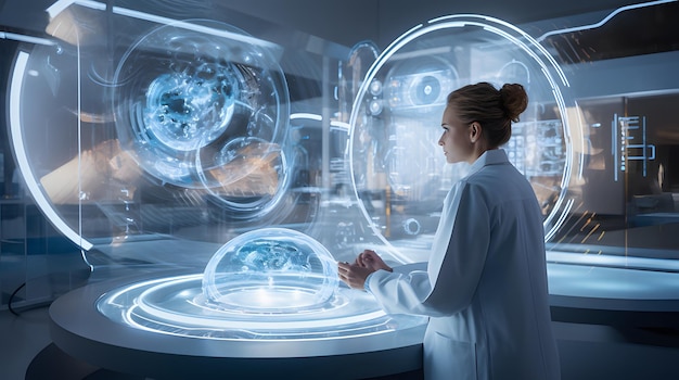 A scientist in a futuristic workspace conducting deep data analysis