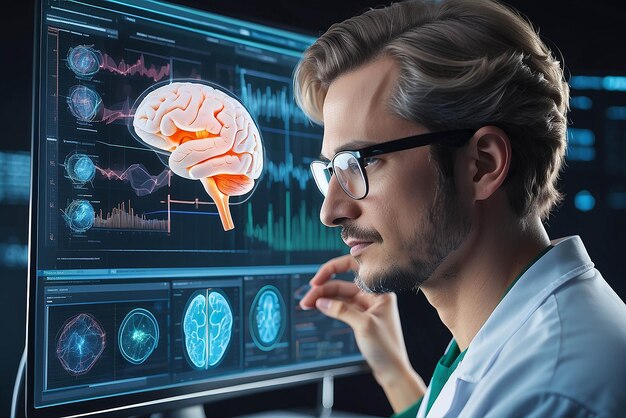 眼鏡をかぶった科学者が医学的な脳データを持つ画面を見ています