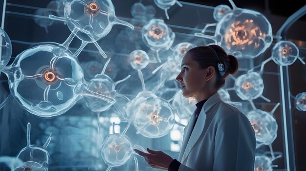 A scientist at a high tech terminal exploring molecular structures