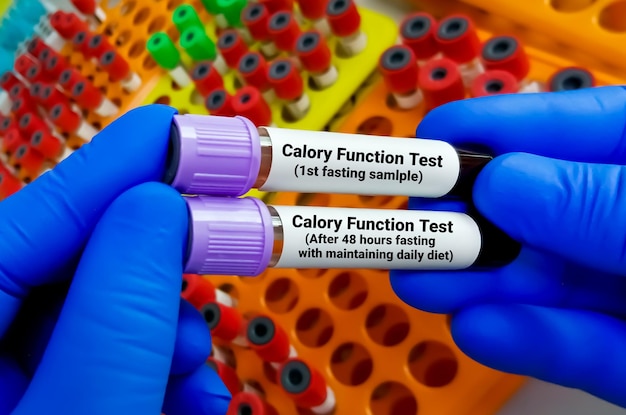 Scienziato che tiene campioni di sangue per il test della funzione calorica in laboratorio.