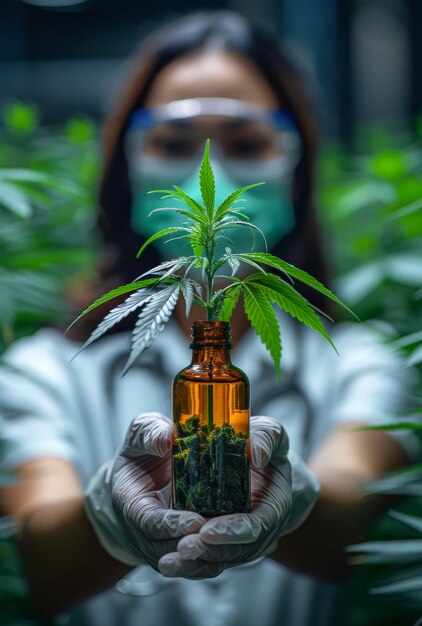 Scientist holding bottle of hemp oil and hemp plant in the greenhouse herbal alternative medicine concept