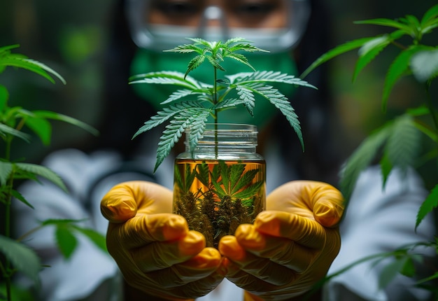 瓶の中に大麻の植物を持っている科学者