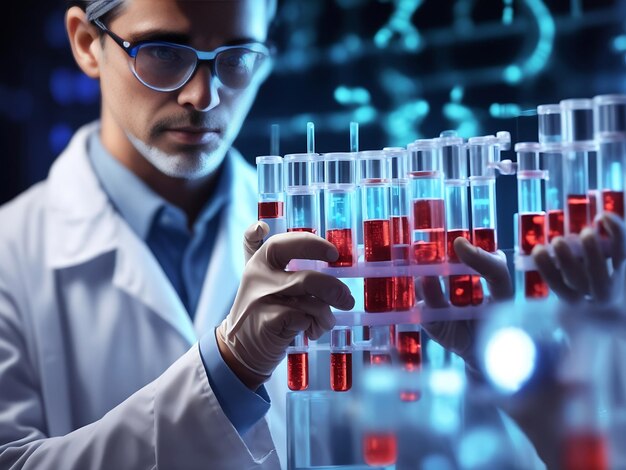 scientist holding medical testing tubes or vials of medical pharmaceutical research with blood cell