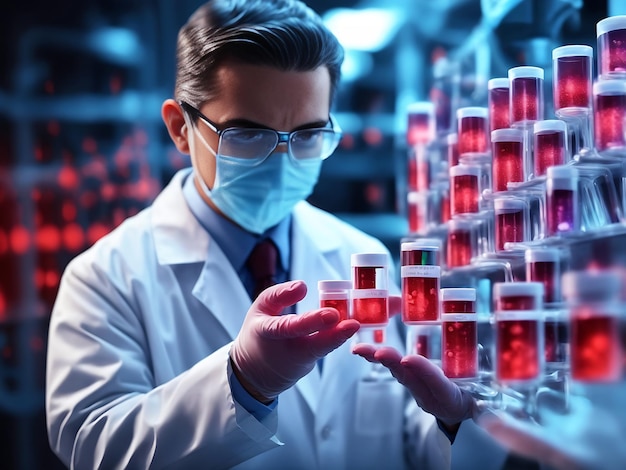 scientist holding medical testing tubes or vials of medical pharmaceutical research with blood cell