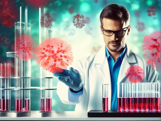 scientist holding medical testing tubes or vials of medical pharmaceutical research with blood cells