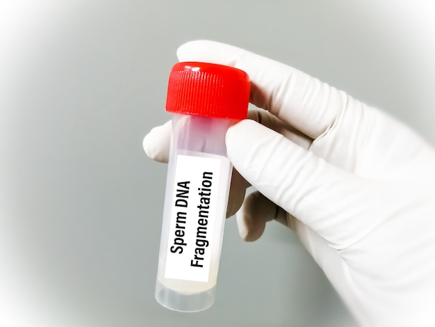DNA 断片化テスト用の精子を含むサンプル コンテナーを保持している科学者。