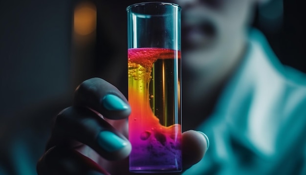 Foto scienziato che tiene la provetta analizzando il liquido in laboratorio di notte generato dall'intelligenza artificiale