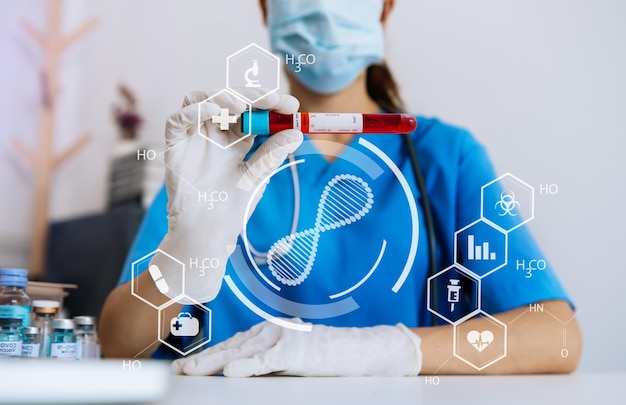 Photo scientist holding test tube with blood sample focus on hand with vr iconxaxa