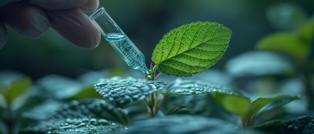 写真 植物の葉を近くで見るチューブを握る科学者