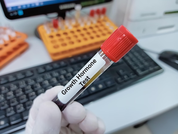 Scientist holds blood sample for growth hormone test, somatotropin test.