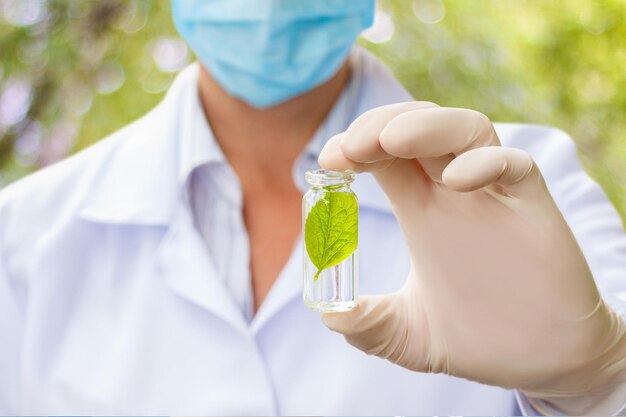 Foto uno scienziato tiene una bottiglia di foglia verde