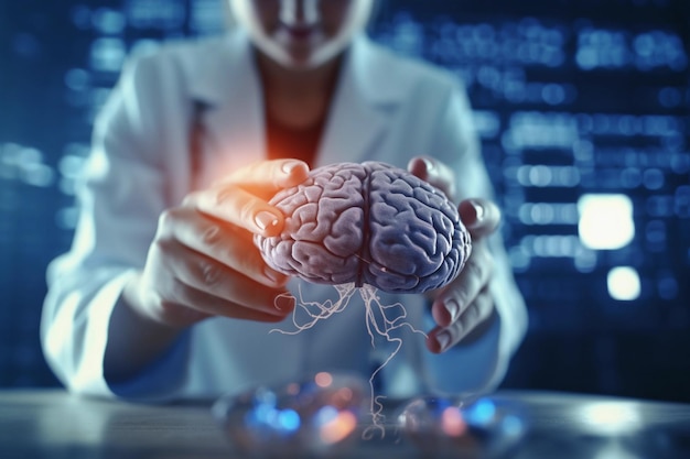 A scientist holds a brain model in front of a dark background.