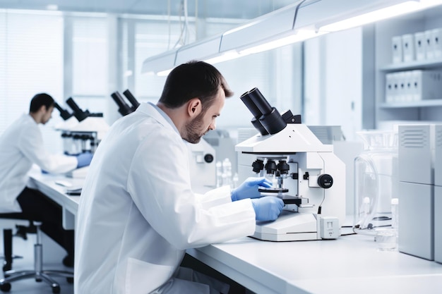 과학자는 전용 실험실에서 최소한의 현미경으로 열심히 연구합니다.